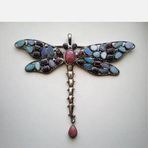 HUGE Designer Sterling 925 Opal Garnet Rose Quartz Dragonfly Brooch Pendant 71 g